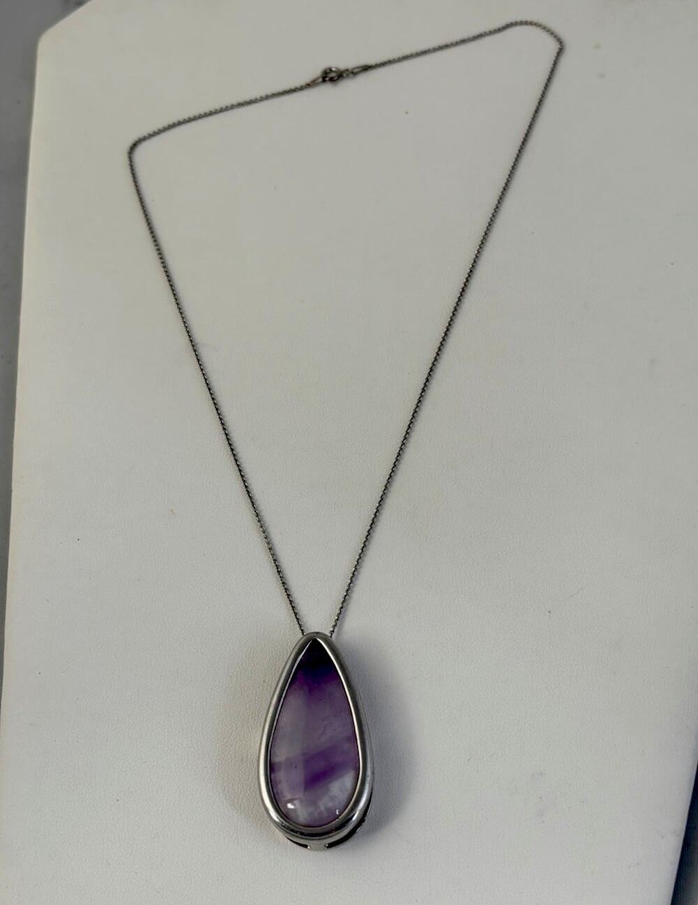 VTG 14.30Gr Huge HAN 925 Sterling Silver Teardrop Amethyst Pendant 18” Necklace